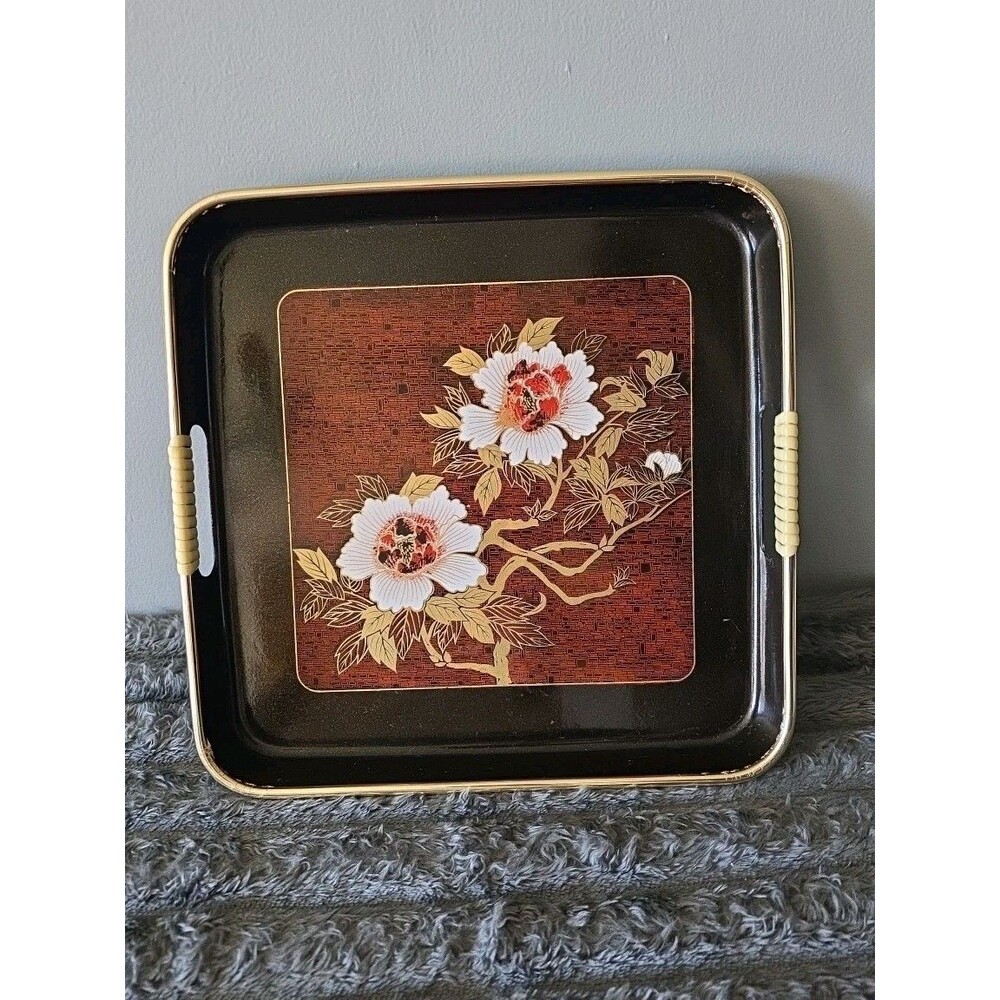 Vintage Black Lacquer Oriental Asian Japanese Floral Serving Tray Square 10.5"